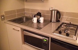 kitchen facilities including microwave, cooktops and fridge